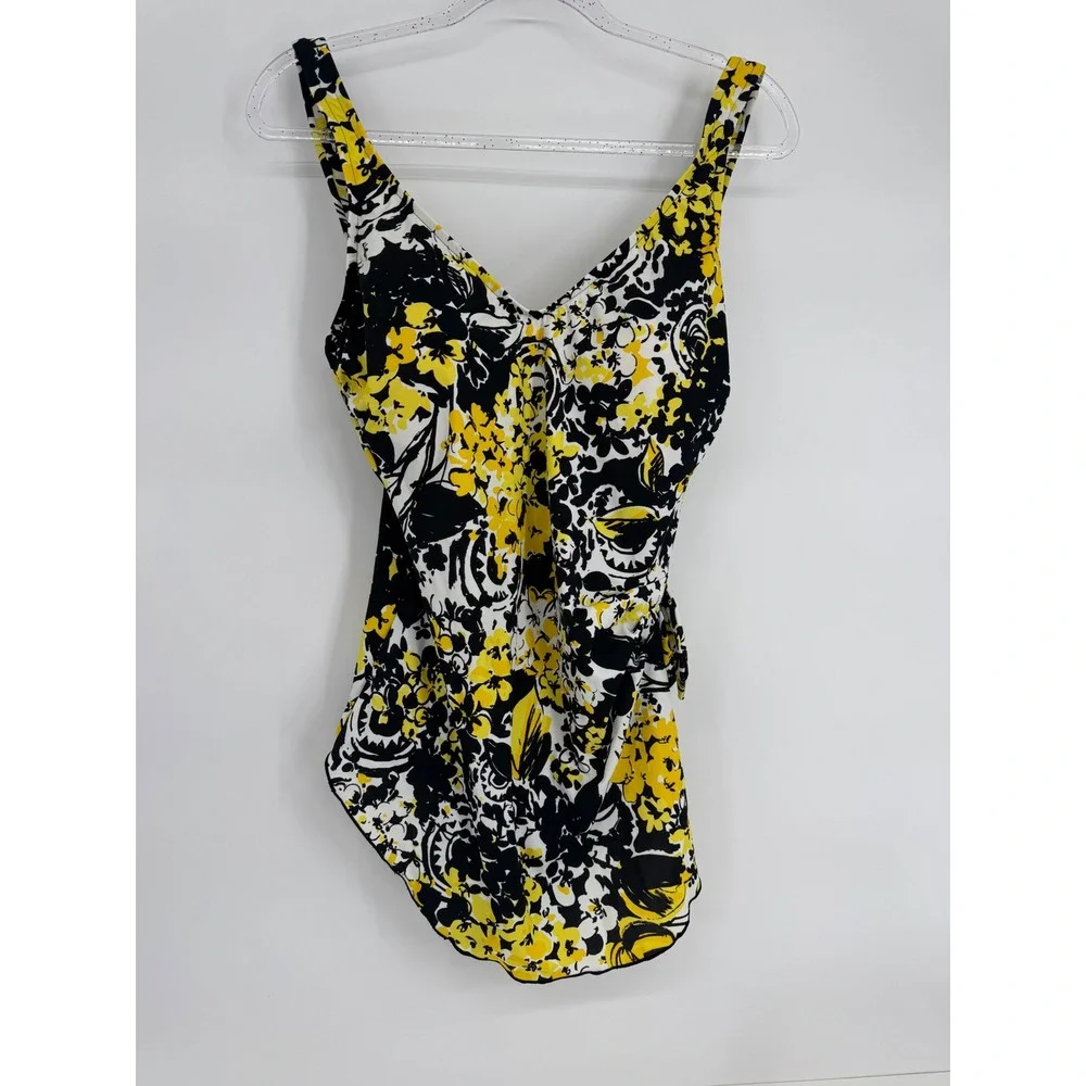 Maxine of Hollywood Womens Sz 16 Yellow Black Floral V-Neck Faux Wrap Swimsuit